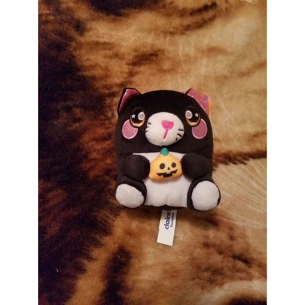 Claire's Squeezamals Plumps Black Halloween Cat With Pumpkin Soft Toy Plush